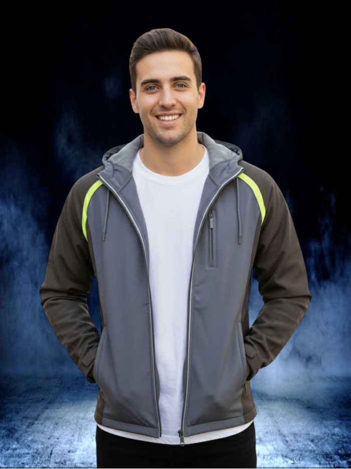CHAQUETA SOFT SHELL ENTALLADA UNISEX GRIS NEGRO AMARILLO FLUOR